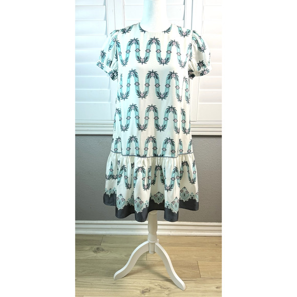 Amour Vert Box Silk Twill Tiered Geo Seafoam Puff Sleeve Sm NWT - Picture 1 of 9